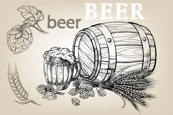 Icono con taza, cerveza, lúpulo, barril — Vector de stock