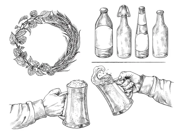 Mani in mano con bicchieri di birra tazza, corona, bottiglia — Vettoriale Stock