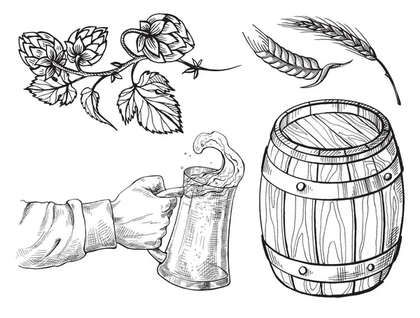 Hand mit Bierkrug, Fass, Hopfen, Ohren — Stockvektor