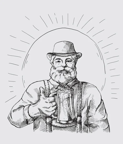 Glada bryggare eller craftsmans tecken som innehar en mugg full av öl. — Stock vektor