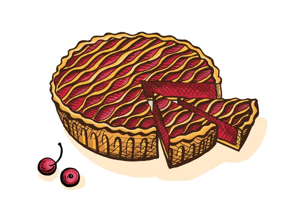Torta de cereja aquarela —  Vetores de Stock
