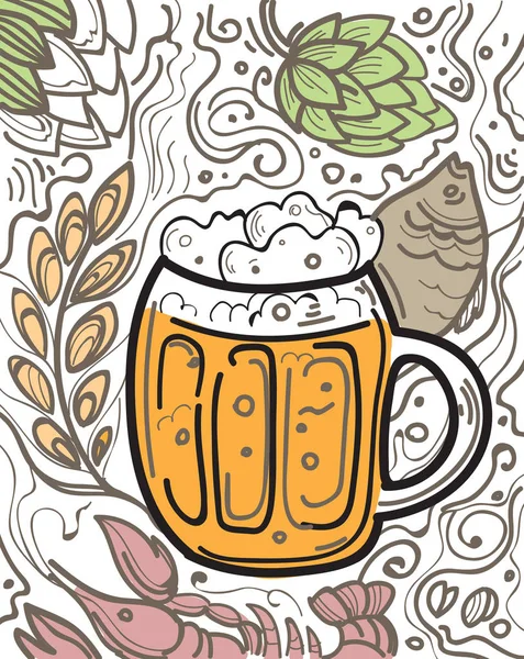 Стакан пива на фоне каракулей . — стоковый вектор