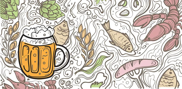 Szklanka piwa na tle doodle. — Wektor stockowy