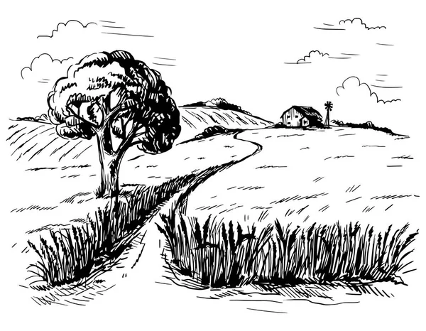 Landschaft mit Baum, Straße, Ohren. — Stockvektor