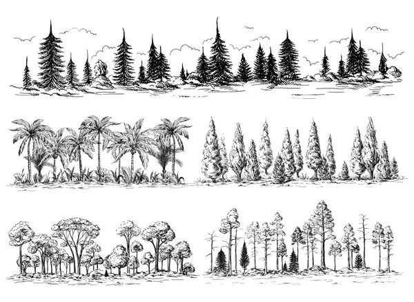 Set of different landscapes with trees — Stock Vector