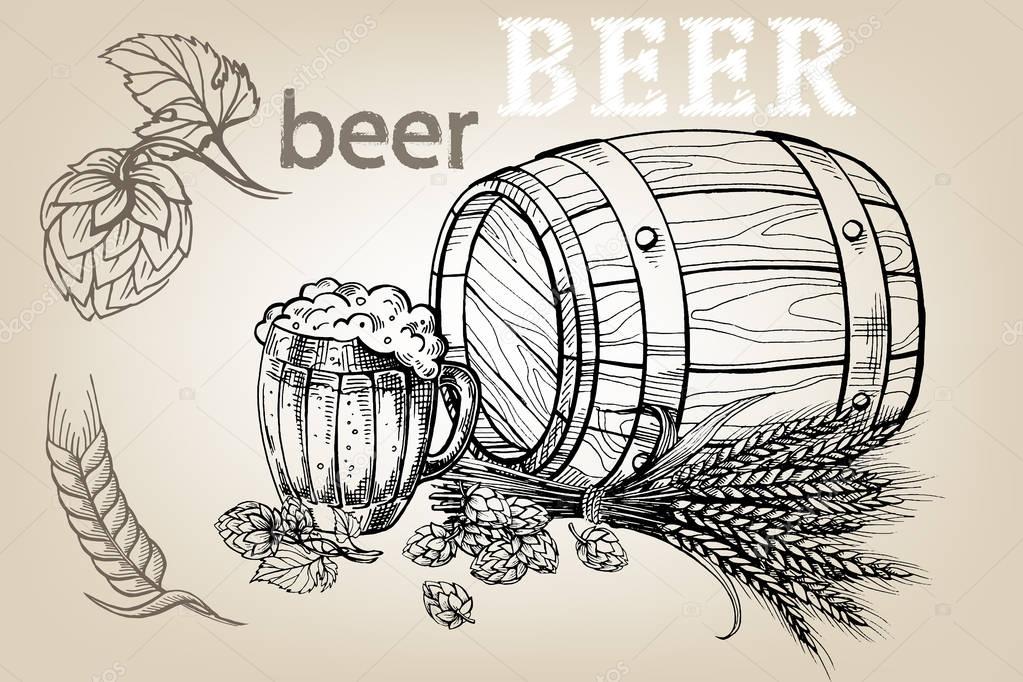 icon with mug, beer, hops, barrel
