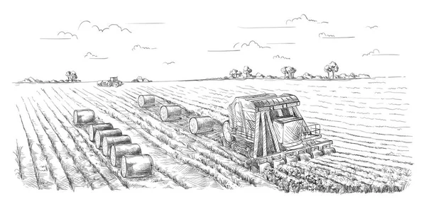 Vettore disegnato a mano villaggio case schizzo e natura — Vettoriale Stock