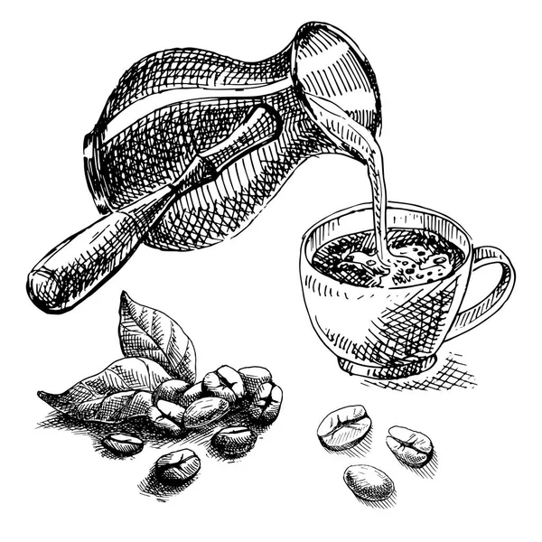 Taza, turk y granos de café — Vector de stock