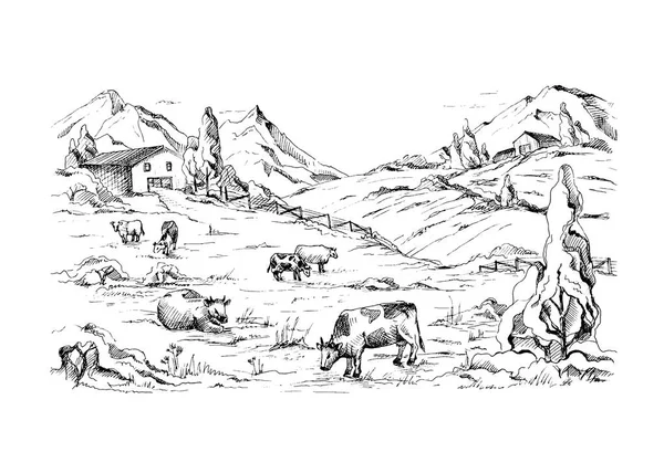 Αγροτικού τοπίου με αγελάδες και αγρόκτημα ορεινό τοπίο στο παρασκήνιο. — Διανυσματικό Αρχείο