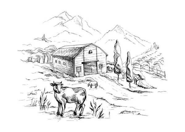 Paisagem rural com vacas e paisagem montanhosa agrícola em segundo plano . — Vetor de Stock
