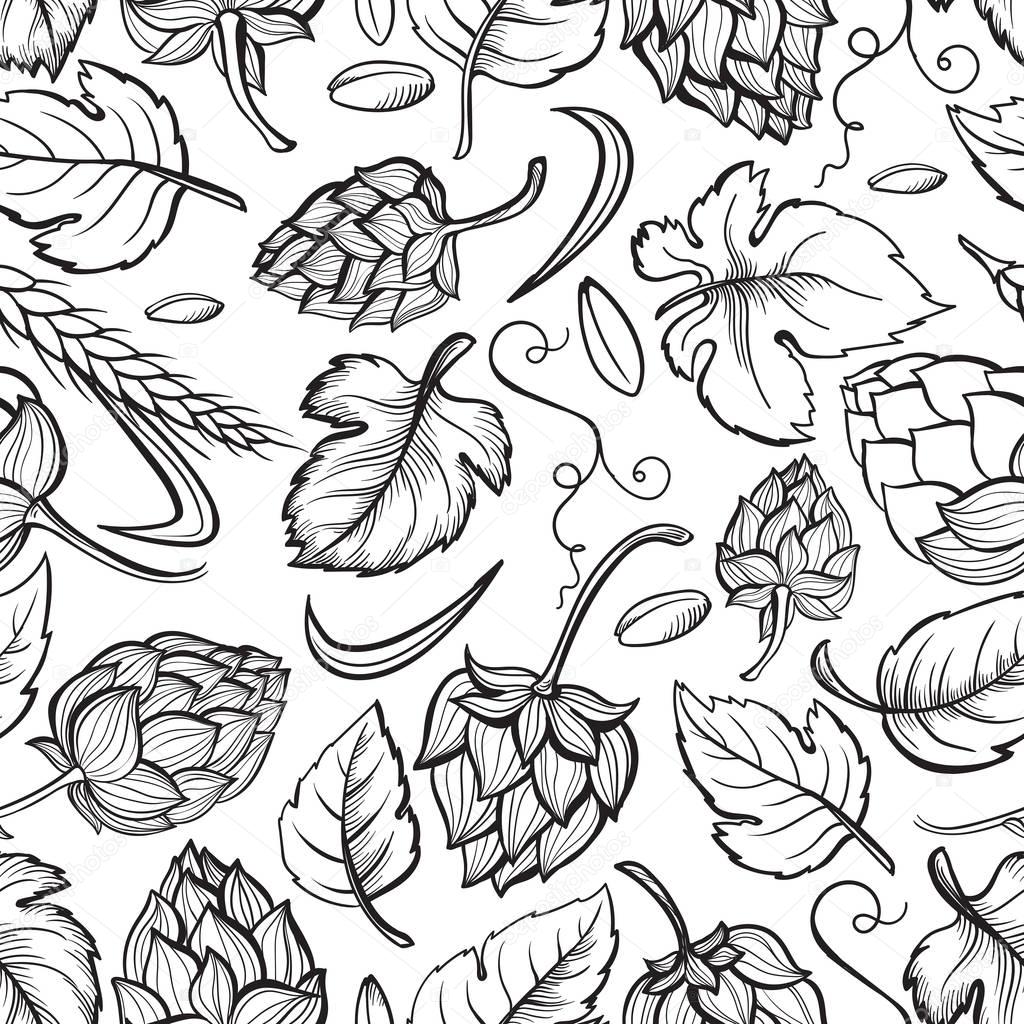 Hand drawn engraving style Hops Seamless pattern.