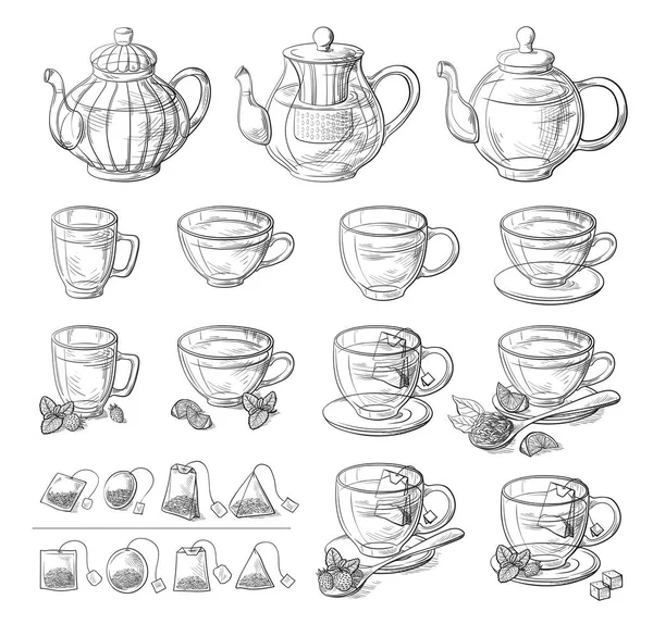 Colección de hojas de té y tetera de vidrio — Vector de stock