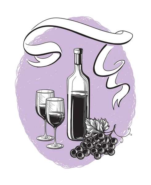 Векторный эскиз винограда, бокал вина для дизайна — стоковый вектор