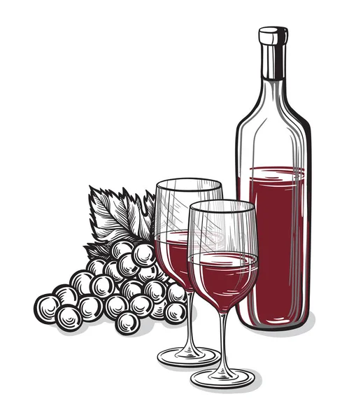 Vektor-Skizze von Trauben, Weinglas zur Gestaltung — Stockvektor