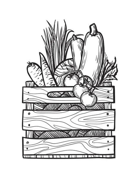 Frisches Gemüse im Karton. Handgezeichnete Illustration. — Stockvektor