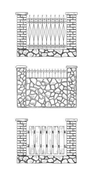 Çitler farklı yapıları ve malzemeleri — Stok Vektör