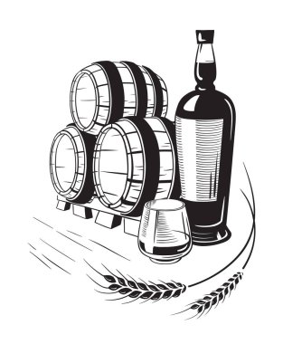 Kroki viski şişe ve cam ve varil.