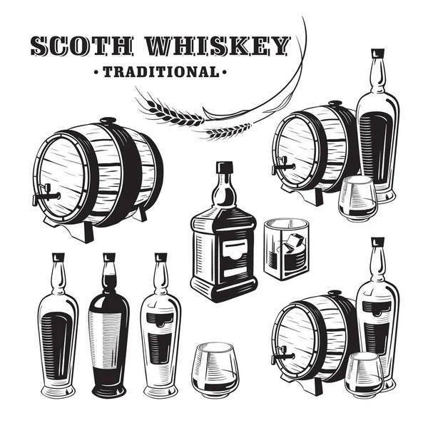 Schets whisky fles en glas en vat. — Stockvector