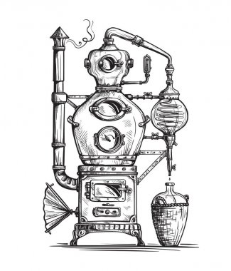 alembic still for making alcohol inside distillery sketch clipart