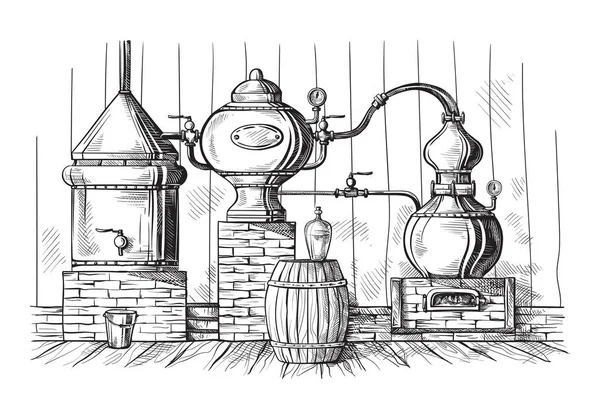 Alembic stále pro výrobu alkoholu Sketch lihovaru — Stockový vektor