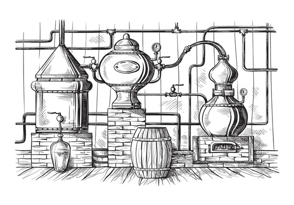 Alambique para fazer álcool dentro do esboço da destilaria —  Vetores de Stock