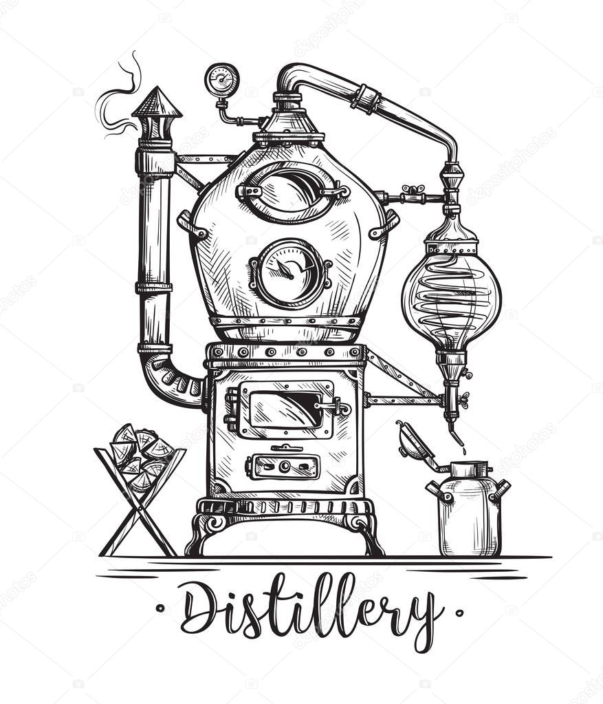 alembic still for making alcohol inside distillery sketch