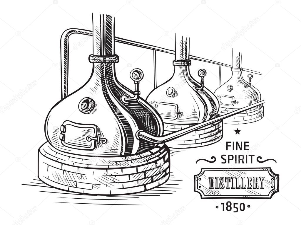 alembic still for making alcohol inside distillery sketch