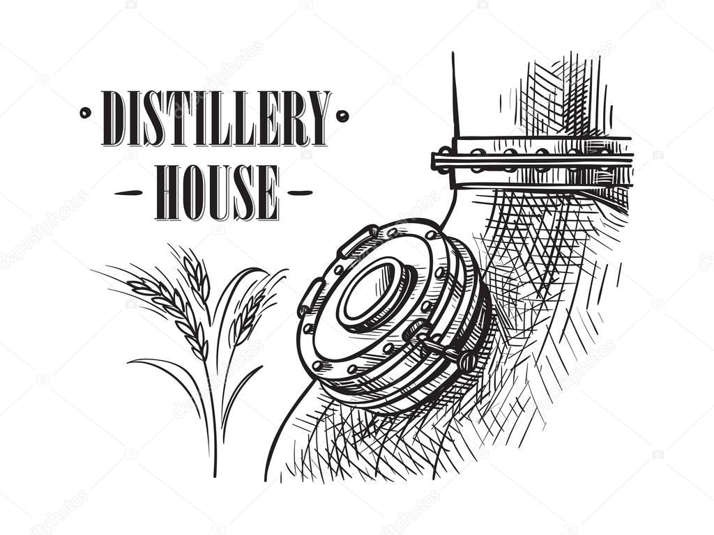 alembic still for making alcohol inside distillery sketch