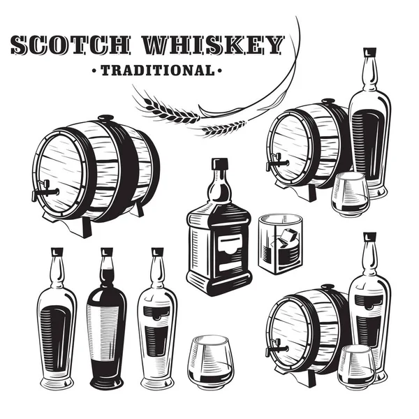 Schets whisky fles en glas en vat. — Stockvector