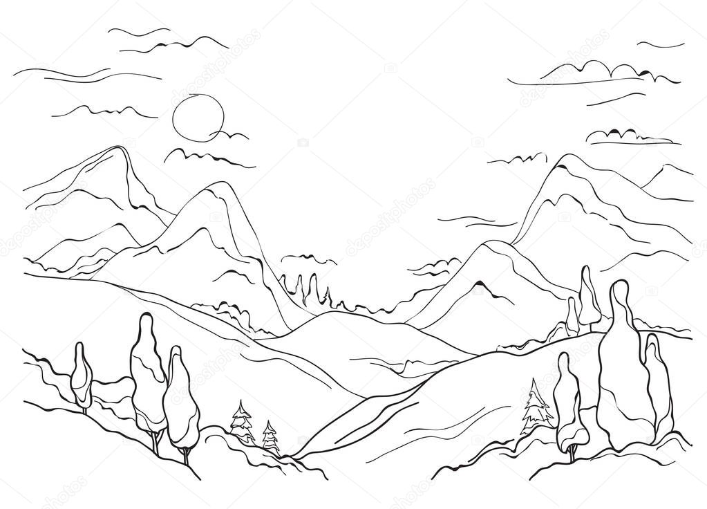 mountains, hills and trees