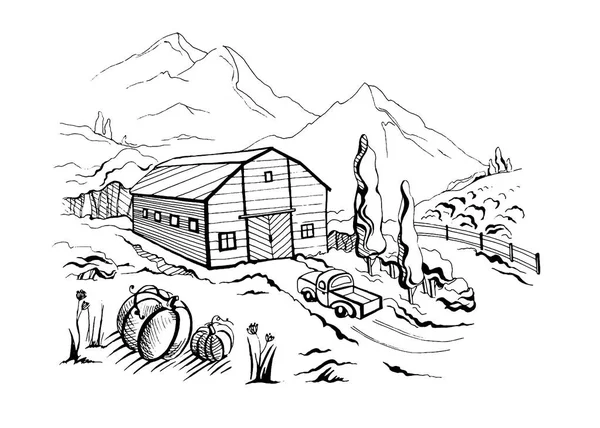 Αγροτικού τοπίου με φορτηγό και αγρόκτημα ορεινό τοπίο στο παρασκήνιο. — Διανυσματικό Αρχείο