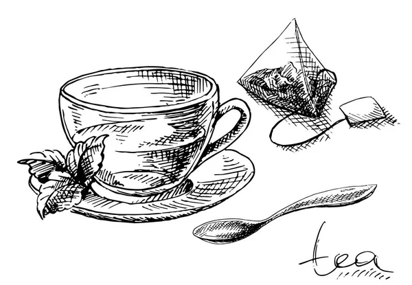 Cup, mint och tepåse — Stock vektor