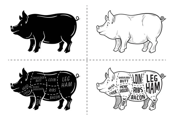 お肉のセットをカットします。ポスター肉屋図、パターンおよびガイド - 豚肉。ヴィンテージ表記黒い黒板背景に手描き. — ストックベクタ
