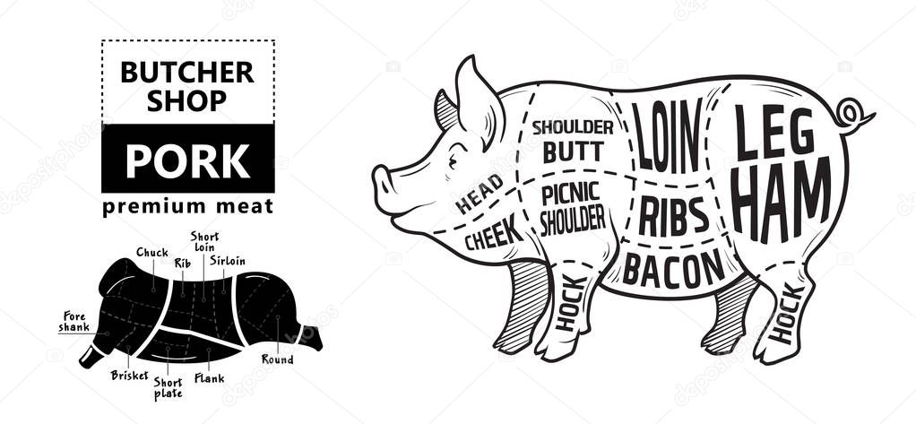 Cut of meat set. Poster Butcher diagram, scheme and guide - Pork. Vintage typographic hand-drawn on a black chalkboard background.