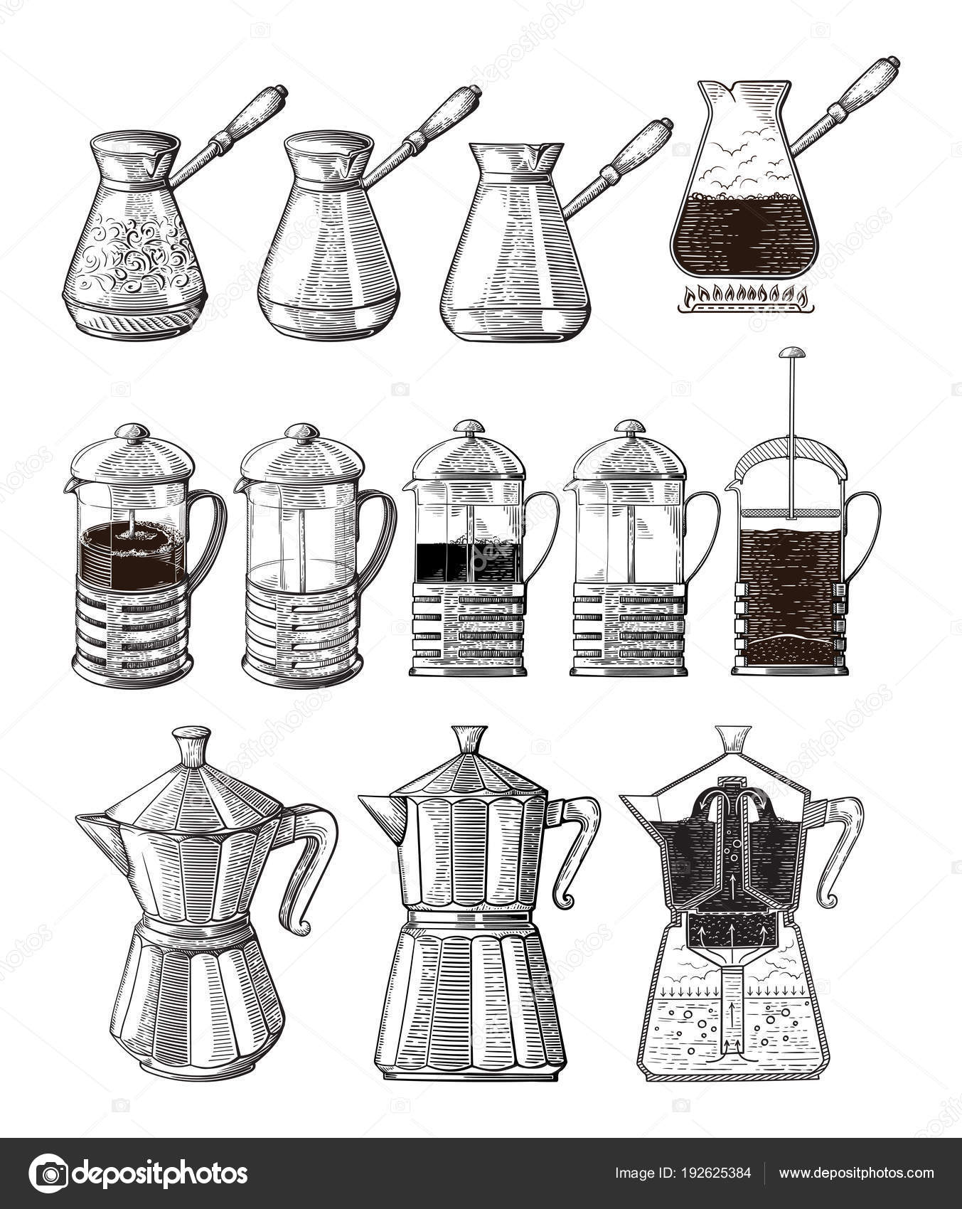 Hand Drawn Illustration Set Of Coffee Preparation Pour Over Brewer Kettle French Press Moka Hand Drawn Illustration Set Of Coffee Preparation Pour Over Brewer Kettle French Press Moka