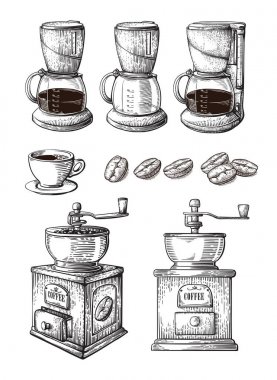 Kahve el çizilmiş koleksiyonu vektör kroki ayarla ile su bardağı fasulye Maker Latte taşlama makinesi