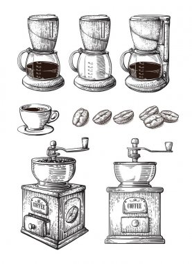 Coffee Hand Drawn Collection Vector Sketch Set With Cups Beans Maker Latte grinder machine clipart
