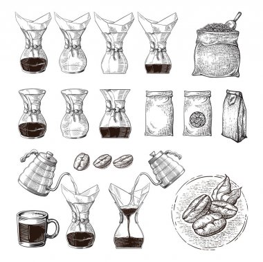 illustration of alternative brewing of chemex with pushing hand scheme process clipart