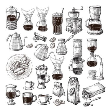 different alternative brewing for coffee set collection syphon chemex cezve pour clipart