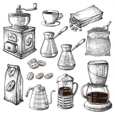Kahve elle çizilmiş koleksiyonu. Kroki çizim seti ile Turk su bardağı fasulye Maker çaydanlık bardak Latte tarçın çanta