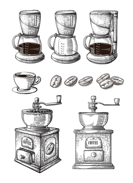 Coffee Hand Drawn Collection Vector Sketch Set With Cups Beans Maker Latte grinder machine