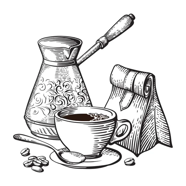 Turk tasse de café avec des grains torréfiés — Image vectorielle