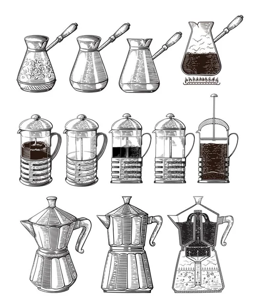 Elle çizilmiş illüstrasyon kahve hazırlanması ayarlayın. Brewer kahve su ısıtıcısı Fransız basınında moka pot ve cezve dökün. — Stok Vektör