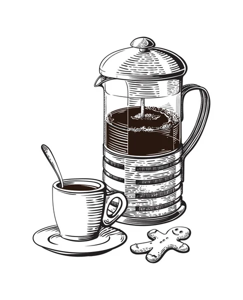 Французская пресса. Кофейная чашка с жареными бобами — стоковый вектор
