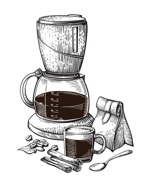 Café mano dibujado colección vectorial bosquejo conjunto con tazas bolsa frijoles fabricante latte canela — Vector de stock