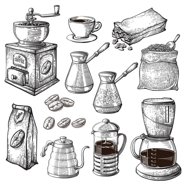 Καφέ χέρι συλλογή. Σκίτσο εικόνα σετ με Τούρκο φλιτζάνια τσάντα με φασόλια Maker βραστήρα ποτήρια Latte κανέλα — Διανυσματικό Αρχείο