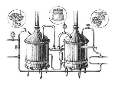 Vintage distillation apparatus sketch. Moonshining vector illustration clipart