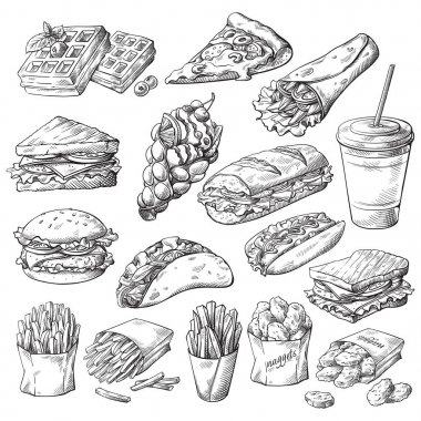 Set with fast food products clipart