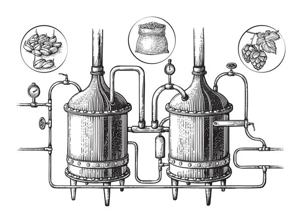 Desenho do aparelho de destilação vintage. Moonshining ilustração vetorial — Vetor de Stock