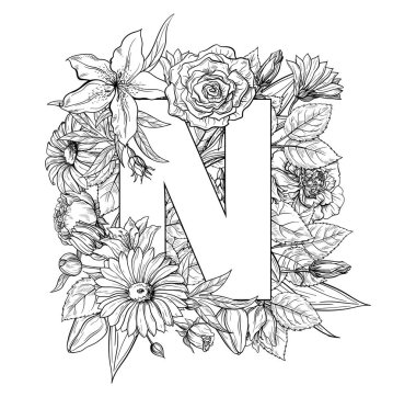 Vintage çiçek alfabe. El vektör çizim Isolated beyaz zemin üzerine çekilmiş..